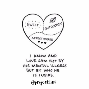 A heart with three sections reading "Sweet," :Outdoorsy," and "Affectionate." Beneath the heart it says "I know and love Sam, not by his mental illness, but by who he is inside." Beneath that is a link to Project 1 in 4, @project1in4