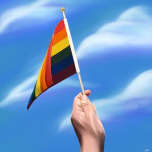 A hand waves a rainbow flag in front of a blue sky with small clouds