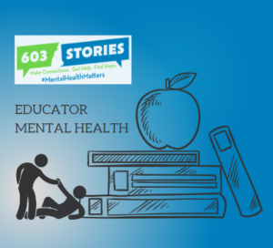 Silhouette of one person holding out a hand to help another person stand with a large stack of schoolbooks and an apple in the background under the caption, Educator Mental Health