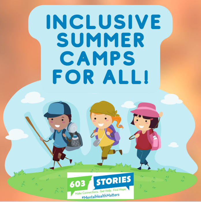 Cartoon children with smiling faces wear hats and carry backpacks under the caption, "Inclusive Summer Camps for All!"
