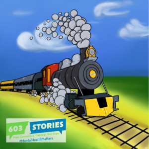 Cartoon train riding on a track with the 603 Stories logo in the lower left corner